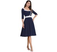 Odizli Rockabilly Kleider Damen 50er Jahre Vintage Audrey Hepburn Elegant 3/4 Ärmel V-Ausschnitt Knielang Petticoat Swing Coctailkleid Hochzeit Festlich Hochzeitsgast Kurz Abendkleid Dunkelblau L