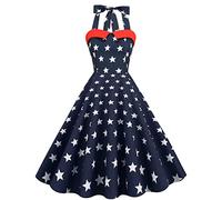 Odizli Rockabilly Kleider Damen 50er Jahre Vintage Audrey Hepburn Petticoat Kleid Elegant Neckholder Polka Dot Swing Coctailkleid Festlich Hochzeit Gast Sommer Kurz Abendkleid Dunkelblau Sterne XL