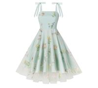 Odizli Rockabilly Kleider Damen 50er Jahre Vintage Elegant Sommer Spaghettiträger Mesh Blume Stickerei Swing A-Linie Tüllkleid Festlich Hochzeit Hochzeitsgast Coctailkleid Kurz Abendkleid Grün L