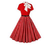 Odizli Rockabilly Kleider Damen 60er 50er Jahre Vintage Audrey Hepburn Kurzarm Krawatte Polka Dot Petticoat Swing Coctailkleid Hochzeit Festlich Knielang Sommerkleid Kurz Abendkleid Rot S