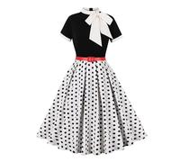 Odizli Rockabilly Kleider Damen 60er 50er Jahre Vintage Audrey Hepburn Kurzarm Krawatte Polka Dot Petticoat Swing Coctailkleid Hochzeit Festlich Knielang Sommerkleid Kurz Abendkleid Weiß Schwarz L