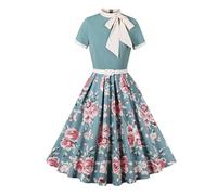Odizli Rockabilly Kleider Damen 60er 50er Jahre Vintage Audrey Hepburn Kurzarm Krawatte Polka Dot Petticoat Swing Coctailkleid Hochzeit Festlich Knielang Sommerkleid Kurz Abendkleid Grün XXL