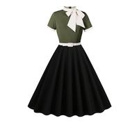 Odizli Rockabilly Kleider Damen 60er 50er Jahre Vintage Audrey Hepburn Kurzarm Krawatte Polka Dot Petticoat Swing Coctailkleid Hochzeit Festlich Knielang Sommerkleid Kurz Abendkleid Grün Schwarz L