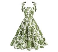 Odizli Rockabilly Kleider Damen Elegant Vintage 50er Jahre Petticoat Kleid Sommer Spaghettiträger Blumen A Linie Swing Knielang Sommerkleid Hochzeitsgast Festlich Cocktailkleid Abendkleid Grün XL