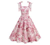 Odizli Rockabilly Kleider Damen Elegant Vintage 50er Jahre Petticoat Kleid Sommer Spaghettiträger Blumen A Linie Swing Knielang Sommerkleid Hochzeitsgast Festlich Cocktailkleid Abendkleid Rosa XL