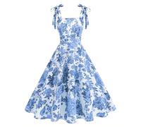 Odizli Rockabilly Kleider Damen Elegant Vintage 50er Jahre Petticoat Kleid Sommer Spaghettiträger Blumen A Linie Swing Knielang Sommerkleid Hochzeitsgast Festlich Cocktailkleid Abendkleid Hellblau XL