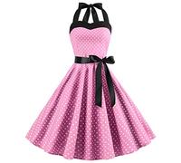 Odizli Rockabilly Kleider Damen Vintage 50er 60er Jahre Retro Petticoat Kleid Neckholder Polka Dot Sommer Swing Hochzeitsgast Festlich Partykleid Coctailkleid Kurz Ballkleid Abendkleid Rosa M