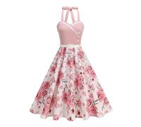 Odizli Rockabilly Kleider Damen Vintage Retro 50er Jahre Petticoat Kleid Audrey Hepburn Neckholder Polka Dot Swing Coctailkleid Festlich Hochzeit Hochzeitsgast Knielang Sommerkleid Rosa Blumen XXL
