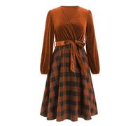 Odizli Samtkleid Damen Herbst Winter Langarm Karierte V-Ausschnitt Wickelkleid Midikleid Weihnachtskleid Hochzeit Festliche Hochzeitsgast Weihnachten Silvester Midi Herbstkleid Winterkleid Braun XL