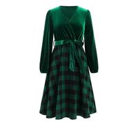 Odizli Samtkleid Damen Herbst Winter Langarm Karierte V-Ausschnitt Wickelkleid Midikleid Weihnachtskleid Hochzeit Festliche Hochzeitsgast Weihnachten Silvester Midi Herbstkleid Winterkleid Grn XL