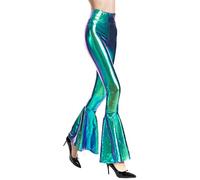 Odizli Schlaghose Damen 70er High Waist Leder Lack Wetlook Glitzer Metallic Locker Bootleg Baggy Skinny Elegant Flare Marlenehose Meerjungfrau Weite Hose Freizeithose Disco 80er Jahre Kleidung Blau S