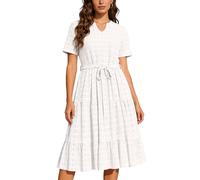 Odizli Sommerkleid Damen Lang Elegant Boho Spitze Kurzarm V-Ausschnitt Swing A Linien Frühlingskleid Festlich Hochzeit Hochzeitsgast Abendkleid Damenkleid Sommer Midikleid Freizeitkleid Cremeweiß S