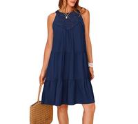 Odizli Sommerkleid Damen Leicht und Luftig Elegant Frühling Sommer Tunikakleid Ärmellos Neckholder Boho Spitze Knielang Tunika Tshirt Kleid Shirtkleid Damenkleid Kurz Strandkleid Dunkelblau L