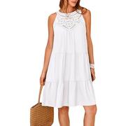 Odizli Sommerkleid Damen Leicht und Luftig Elegant Frühling Sommer Tunikakleid Ärmellos Neckholder Boho Spitze A Linie Knielang Tunika Tshirt Kleid Shirtkleid Damenkleid Kurz Strandkleid Weiß XL