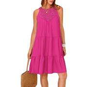 Odizli Sommerkleid Damen Leicht und Luftig Elegant Frühling Sommer Tunikakleid Ärmellos Neckholder Boho Spitze A Linie Knielang Tunika Tshirt Kleid Shirtkleid Damenkleid Kurz Strandkleid Rosenrot S