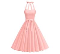 Odizli Sommerkleid Damen Sommer Elegant Rockabilly Vintage 50er Neckholder A Linien Knielang Petticoat Swing Kleider Hochzeit Hochzeitsgast Festliche Cocktailkleid Kurz Abendkleid Rosa XL