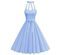 Odizli Sommerkleid Damen Sommer Elegant Rockabilly Vintage 50er Neckholder A Linien Knielang Petticoat Swing Kleider Hochzeit Hochzeitsgast Festliche Cocktailkleid Kurz Abendkleid Blau M