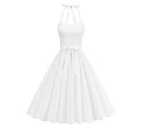 Odizli Sommerkleid Damen Sommer Elegant Rockabilly Vintage 50er Neckholder A Linien Knielang Petticoat Swing Kleider Hochzeit Hochzeitsgast Festliche Cocktailkleid Kurz Abendkleid Weiß XXL