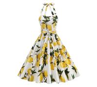 Odizli Sommerkleid Damen Sommer Elegant Rockabilly Vintage 50er Neckholder A Linien Knielang Petticoat Swing Kleider Hochzeit Hochzeitsgast Festliche Cocktailkleid Kurz Abendkleid Gelb Zitrone L