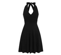 Odizli Sommerkleider Damen Leicht und Luftig Sommer Neckholder Sexy V-Ausschnitt Boho Hawaii Blumenkleid Knielang A Linien Viskose Kleid Festlich Hochzeitsgast Kurz Strandkleid Schwarz S