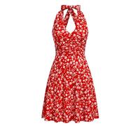 Odizli Sommerkleider Damen Leicht und Luftig Sommer Neckholder Sexy V-Ausschnitt Boho Hawaii Blumenkleid Knielang A Linien Viskose Kleid Festlich Hochzeitsgast Kurz Strandkleid Rot S