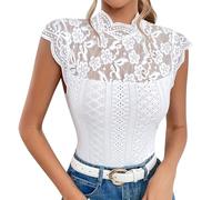 Odizli Spitzen Oberteile Damen Sommer Elegant Sexy Kurzarm Rollkragen Blume Spitze Durchsichtig Rückenfreies Enge Top Bluse Spitzentop Spitzenbluse Festliche Hochzeit Party Trachtenbluse Weiß L
