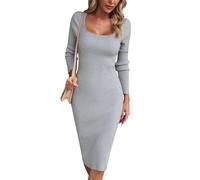 Odizli Strickkleid Damen Winter Herbst Elegant Langarm Geripptes Midi Pulloverkleid mit Schlitz Bodycon Kleid Etuikleid Midikleid Hochzeit Hochzeitsgast Herbstkleid Winterkleid Partykleid Grau XL