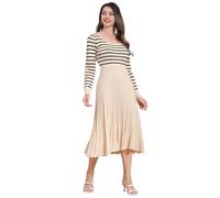 Odizli Strickkleid Damen Winter Herbst Elegant Langarm Gestreift Geripptes Swing A-Linie Plisseekleid Midi Pulloverkleid Midikleid Festlich Hochzeit Hochzeitsgast Herbstkleid Winterkleid Aprikose S