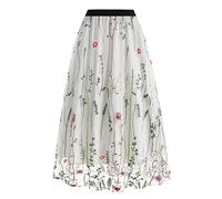 Odizli Tüllrock Damen Lang Faltenrock 50er Jahre Rockabilly Elegant Vintage Blume Gestickte Elastisch High Waist A Linie Swing Midirock Petticoat Röcke Frauen Festlich Plisseerock Weiß Blume L