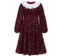 Odizli Weihnachtskleid Mädchen Kinder Herbst Winter Langarm Ruffle Glitzer Pailletten A-Linie Midi Samtkleid Winterkleid Herbstkleid Festlich Hochzeit Silvester Weihnachten Kleid Weinrot 5-6 Jahre