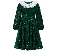 Odizli Weihnachtskleid Mädchen Kinder Herbst Winter Langarm Ruffle Glitzer Pailletten A-Linie Midi Samtkleid Winterkleid Herbstkleid Festlich Hochzeit Silvester Weihnachten Kleid Grün 6-7 Jahre