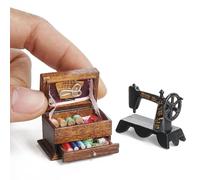 Odoria Puppenhaus Nähmaschine Nähkästchen Miniatur: 1/12 Maßstab Nähkasten Holz für Nähzimmer Vintage - Mini Nähmaschine Metall Retro