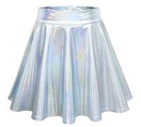 Odosalii Damen Stretch Skater Röcke Informell Mini Glocken Rock Hohe Taille Metallischer Faltenrock (Small, Laser Silber)