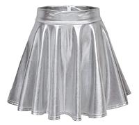 Odosalii Damen Stretch Skater Röcke Informell Mini Glocken Rock Hohe Taille Metallischer Faltenrock, Silber, L