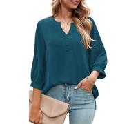 Odosalii Elegante Oberteile Damen Sommer Business Bluse Leicht Halbarm Henleyshirt Mode Tunika Oversized Ausgefallene Classic Seitenschlitze Baumwollbluse Frauen Tops Arbeitsoutfits Pfauenblau
