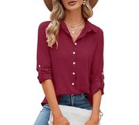 Odosalii Musselin Bluse Damen Elegant Blusen & Tuniken Langarm Locker Hemdbluse Hochzeitsgast Leinen Rot Weihnachten Hemd Festliches Kleidung Festival Business Outfits(Weinrot,Small)