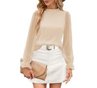 Odosalii Musselin Bluse Damen Glitzer Oberteile Elegant Langarm Festlich Blusen Beige LaternenäRmeln RüSchenbluse Business Outfit Shirt Top