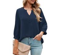 Odosalii Oberteile Damen Sommer Bluse Halbarm Henleyshirt Casual Tunika Oversized Ausgefallene Schöne Seitenschlitze Blusenshirt Frühling Baumwollbluse Frauen Tops Dunkelblau