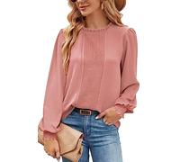 Odosalii Shirt Damen Basic Laternenhülse Plissee Vorne Longbluse Klassisch Einfarbig Festliche Stehkragen Oberteil Elegant Arbeitsshirt