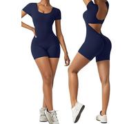 OEAK Damen Jumpsuit Kurz Eng Scrunch Butt Bodysuit V Back Sexy Rückenfrei Kurzarm Yoga Overall Einteiler Gym Workout Bodycon Ganzkörperanzug,Marineblau,L