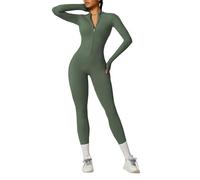 OEAK Damen Sport Jumpsuit Lang Eng Yoga Overall Langarm Rollkragen Playsuits mit Reißverschluss Nahtloser Bodysuit Bodycon Strampler Einteiler Romper,Grün,L