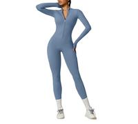 OEAK Damen Sport Jumpsuit Lang Eng Yoga Overall Langarm Rollkragen Playsuits mit Reißverschluss Nahtloser Bodysuit Bodycon Strampler Einteiler Romper,Hellblau,L