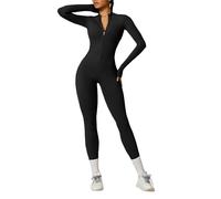 OEAK Damen Sport Jumpsuit Lang Eng Yoga Overall Langarm Rollkragen Playsuits mit Reißverschluss Nahtloser Bodysuit Bodycon Strampler Einteiler Romper,Kohlenschwarz,L