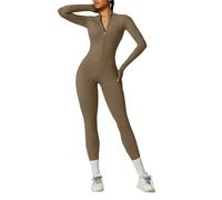 OEAK Damen Sport Jumpsuit Lang Eng Yoga Overall Langarm Rollkragen Playsuits mit Reißverschluss Nahtloser Bodysuit Bodycon Strampler Einteiler Romper,Kamel,L