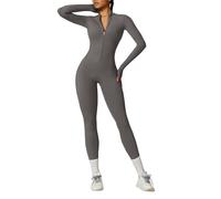 OEAK Damen Sport Jumpsuit Lang Eng Yoga Overall Langarm Rollkragen Playsuits mit Reißverschluss Nahtloser Bodysuit Bodycon Strampler Einteiler Romper,Hellgrau,L