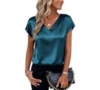 Oewwthy Damen-Seidensatin-Tops, Kurzarmblusen mit V-Ausschnitt, Business-Casual-Outfits Blau S