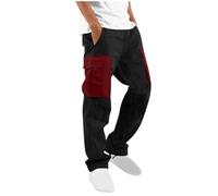 ofeirhz Cargohose für Herren, UK-Kordelzug, mehrere Taschen, Haltbarkeit, Arbeitshose, Kontrastfarbe, Patchwork, elastischer Saum, Trainingshose, elastische Taille, gerade, entspannte Jogginghose, rot