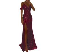Off Shoulder Abendkleid Damen Lang Glitzer Kleid Damen Abendkleider Elegant für Hochzeit Sexy A Linie Elegant Paillettenkleid mit Schlitz Mode Abendkleider Lässig Locker Partykleid Hochzeit