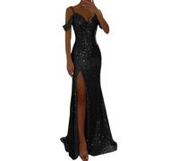 Off Shoulder Abendkleid Damen Lang Glitzer Kleid Damen Abendkleider Elegant für Hochzeit Sexy A Linie Elegant Paillettenkleid mit Schlitz Mode Abendkleider Lässig Locker Partykleid Hochzeit