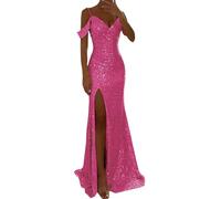 Off Shoulder Abendkleid Damen Lang Glitzer Kleid Damen Abendkleider Elegant für Hochzeit Sexy A Linie Elegant Paillettenkleid mit Schlitz Mode Abendkleider Lässig Locker Partykleid Hochzeit